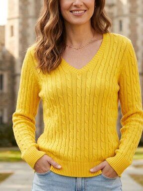 St. John's Bay Bright Yellow Cable Knit V-Neck Sweater XL Preppy Cozy Fall